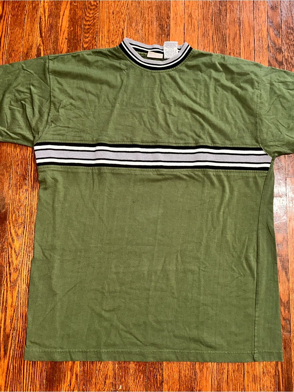 Vintage Y2K Retro XL Priority Male Green Striped Short Sleeve Shirt